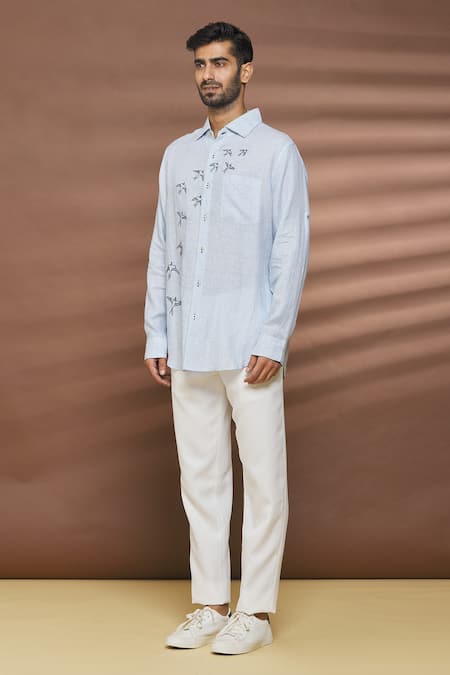 Buy_Linen Bloom_Blue 100% Linen Thread Work Bird Motif Embroidered Shirt _Online_at_Aza_Fashions