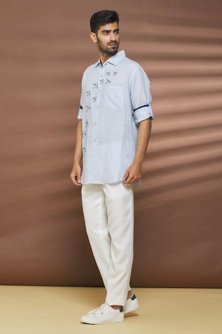 Shop_Linen Bloom_Blue 100% Linen Thread Work Bird Motif Embroidered Shirt _Online_at_Aza_Fashions