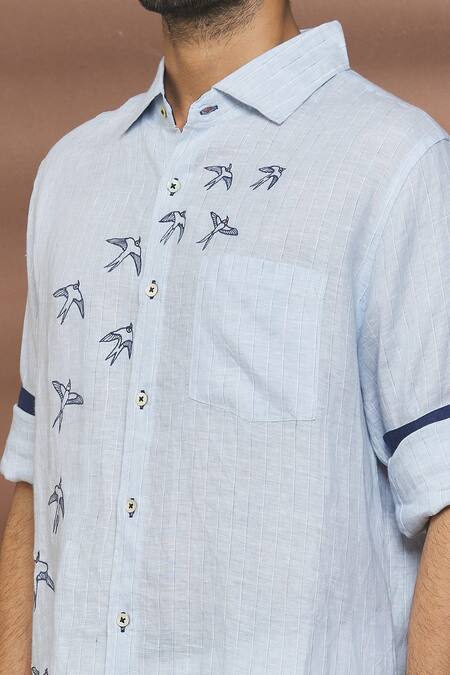 Linen Bloom_Blue 100% Linen Thread Work Bird Motif Embroidered Shirt _at_Aza_Fashions