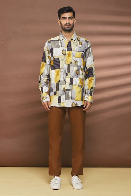 Linen Bloom_Multi Color 100% Linen Geometric And Floral Vintage Print Shirt _Online_at_Aza_Fashions