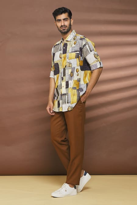 Shop_Linen Bloom_Multi Color 100% Linen Geometric And Floral Vintage Print Shirt _Online_at_Aza_Fashions