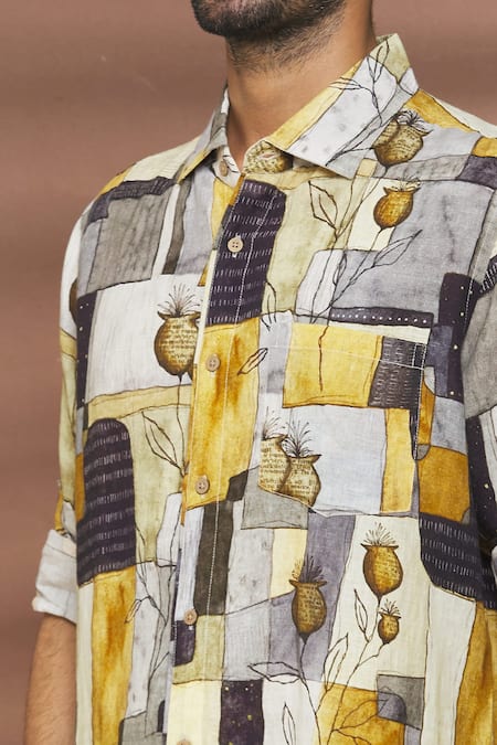 Linen Bloom_Multi Color 100% Linen Geometric And Floral Vintage Print Shirt _at_Aza_Fashions