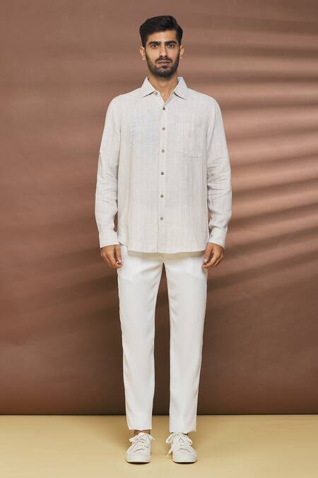 Buy_Linen Bloom_Beige 100% Linen Stripe Pattern And Thread Work Shirt _Online_at_Aza_Fashions
