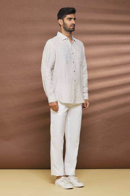 Shop_Linen Bloom_Beige 100% Linen Stripe Pattern And Thread Work Shirt _Online_at_Aza_Fashions