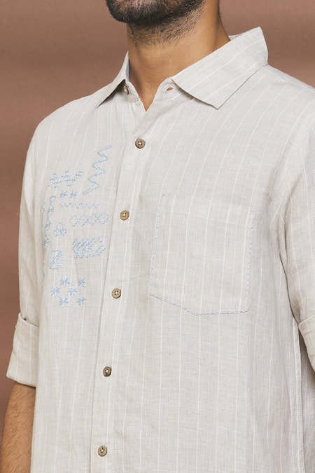 Linen Bloom_Beige 100% Linen Stripe Pattern And Thread Work Shirt _at_Aza_Fashions