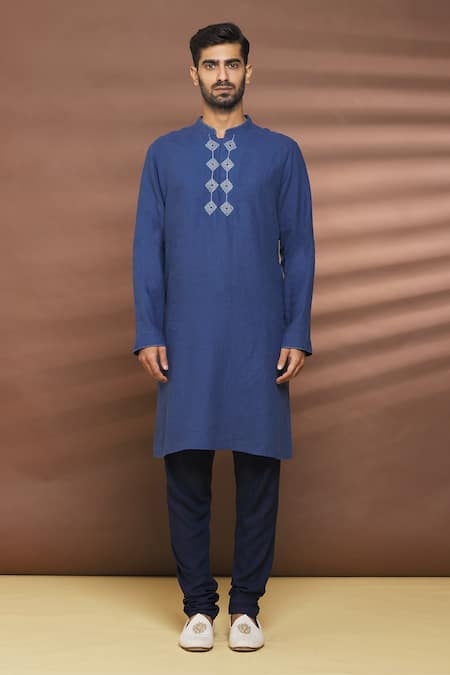 Linen Bloom_Blue 100% Linen Thread Work Embroidered Placket Kurta _Online_at_Aza_Fashions