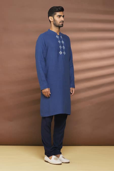 Buy_Linen Bloom_Blue 100% Linen Thread Work Embroidered Placket Kurta _Online_at_Aza_Fashions