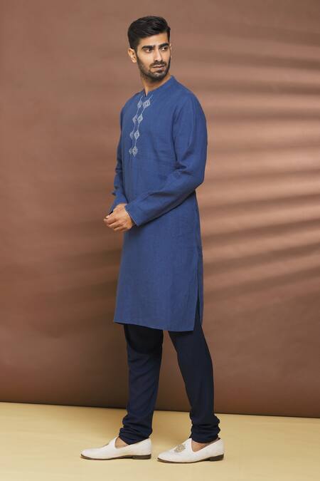 Shop_Linen Bloom_Blue 100% Linen Thread Work Embroidered Placket Kurta _Online_at_Aza_Fashions