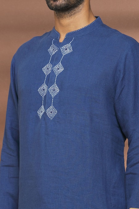 Linen Bloom_Blue 100% Linen Thread Work Embroidered Placket Kurta _at_Aza_Fashions