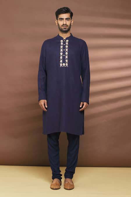 Linen Bloom_Blue 100% Linen Thread Work Patola Pattern Placket Kurta _Online_at_Aza_Fashions