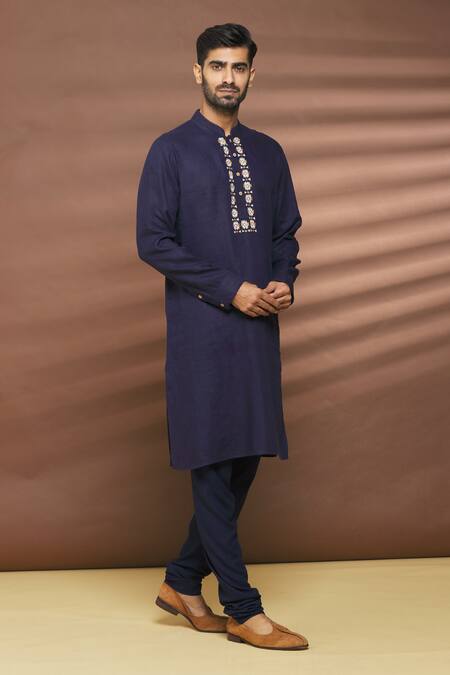 Shop_Linen Bloom_Blue 100% Linen Thread Work Patola Pattern Placket Kurta _Online_at_Aza_Fashions