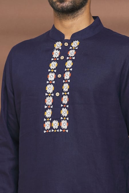 Linen Bloom_Blue 100% Linen Thread Work Patola Pattern Placket Kurta _at_Aza_Fashions