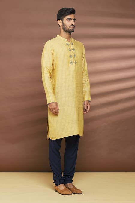 Buy_Linen Bloom_Yellow 100% Linen Thread Work Stripe Pattern Kurta _Online_at_Aza_Fashions
