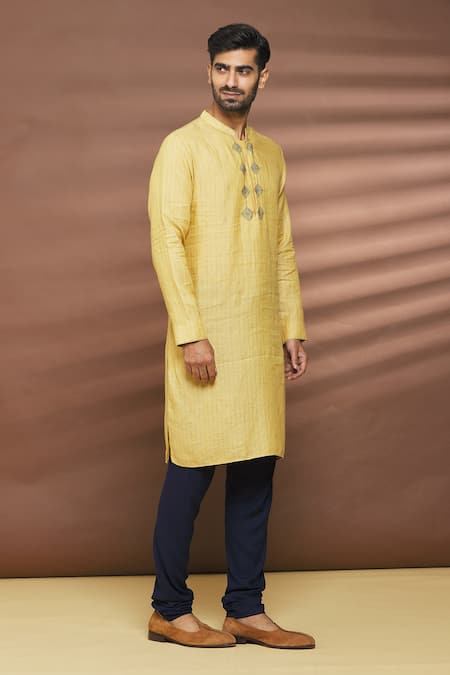 Shop_Linen Bloom_Yellow 100% Linen Thread Work Stripe Pattern Kurta _Online_at_Aza_Fashions