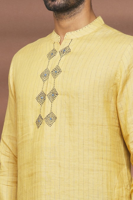 Linen Bloom_Yellow 100% Linen Thread Work Stripe Pattern Kurta _at_Aza_Fashions
