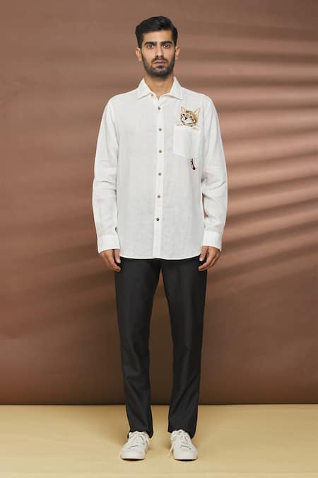 Linen Bloom_White 100% Linen Thread Work Cat Motif Embroidered Shirt _Online_at_Aza_Fashions