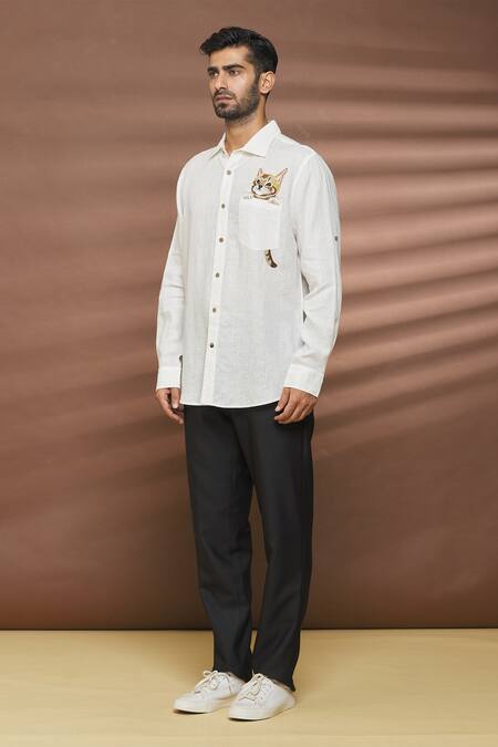Buy_Linen Bloom_White 100% Linen Thread Work Cat Motif Embroidered Shirt _Online_at_Aza_Fashions
