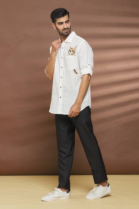 Shop_Linen Bloom_White 100% Linen Thread Work Cat Motif Embroidered Shirt _Online_at_Aza_Fashions