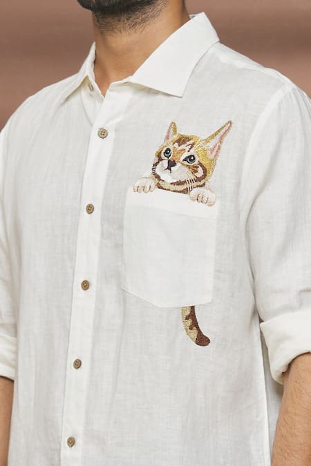 Linen Bloom_White 100% Linen Thread Work Cat Motif Embroidered Shirt _at_Aza_Fashions
