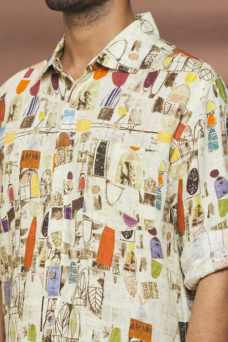Linen Bloom_Multi Color 100% Linen Pisa Print Shirt _at_Aza_Fashions