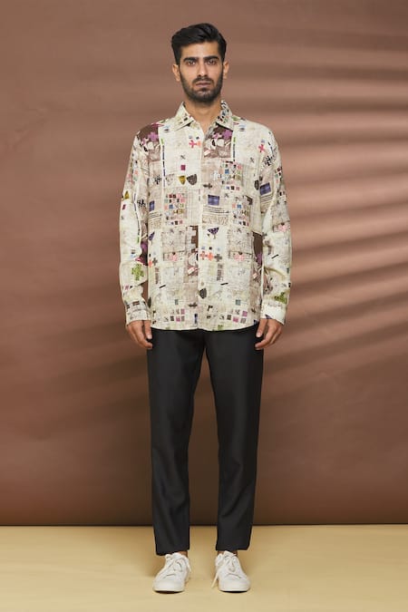 Linen Bloom_Multi Color 100% Linen Cross Print Shirt _Online_at_Aza_Fashions