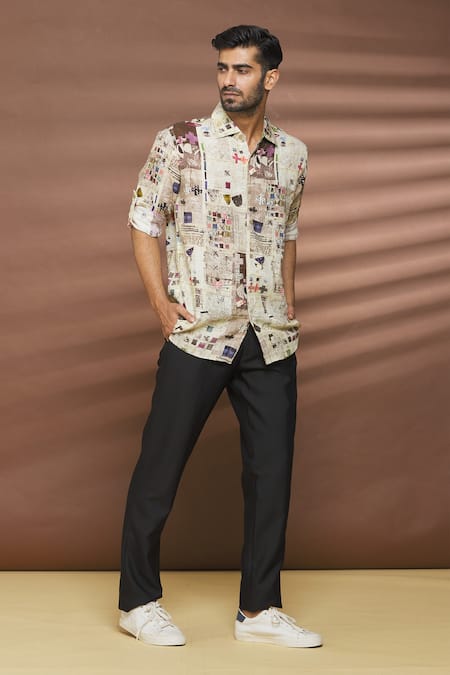 Shop_Linen Bloom_Multi Color 100% Linen Cross Print Shirt _Online_at_Aza_Fashions
