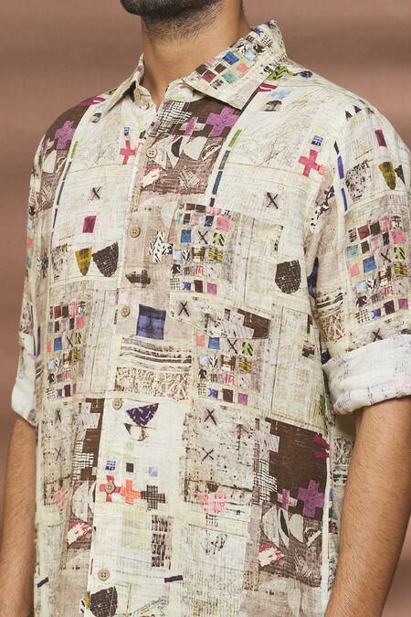 Linen Bloom_Multi Color 100% Linen Cross Print Shirt _at_Aza_Fashions
