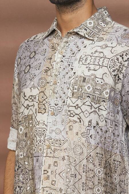 Linen Bloom_Multi Color 100% Linen Lima Print Shirt _at_Aza_Fashions