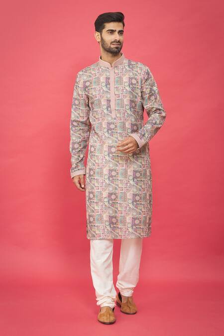 Buy_Nero By Shaifali And Satya_Multi Color Silk And Embroidery Abstract & Thread Work Kurta Set_Online_at_Aza_Fashions