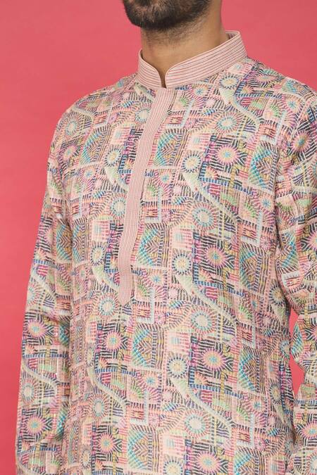 Shop_Nero By Shaifali And Satya_Multi Color Silk And Embroidery Abstract & Thread Work Kurta Set_Online_at_Aza_Fashions