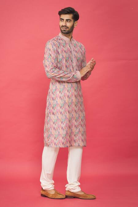 Buy_Nero By Shaifali And Satya_Multi Color Silk And Embroidery Abstract & Thread Chevron Kurta Set_Online_at_Aza_Fashions