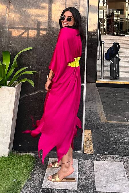 Shop Neora By Nehal Chopra Wine Asymmetrical Color Blocked Cape Online at Aza Fashions Shop_Neora By Nehal Chopra_Wine Asymmetrical Color Blocked Cape _Online_at_Aza_Fashions