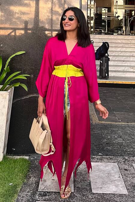 Neora By Nehal Chopra Wine Asymmetrical Color Blocked Cape at Aza Fashions Neora By Nehal Chopra_Wine Asymmetrical Color Blocked Cape _at_Aza_Fashions