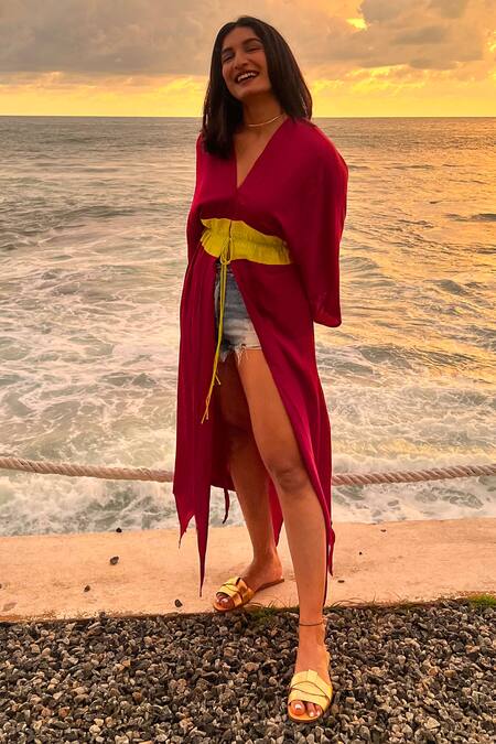 Shop Neora By Nehal Chopra Wine Asymmetrical Color Blocked Cape Shop_Neora By Nehal Chopra_Wine Asymmetrical Color Blocked Cape