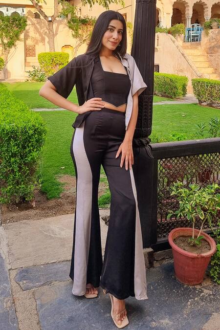 Neora By Nehal Chopra Black Bamboo Collared, Halter Neck Front Buttoned Shirt Pant Set Online at Aza Fashions Neora By Nehal Chopra_Black Bamboo Collared, Halter Neck Front Buttoned Shirt Pant Set _Online_at_Aza_Fashions