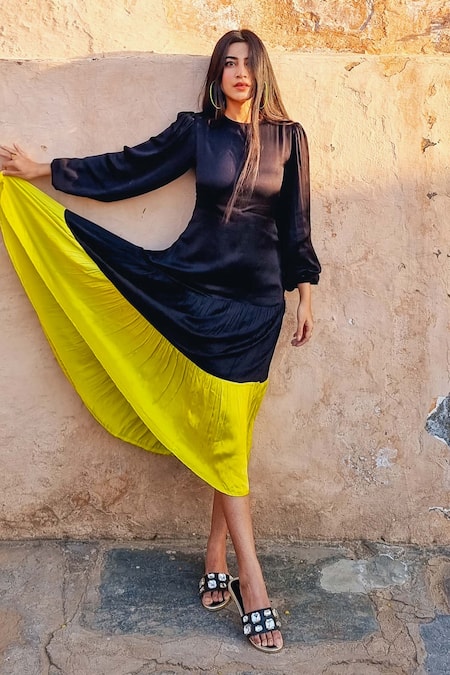 Shop_Neora By Nehal Chopra_Black Bamboo, Silk Round Neck Contrast Panel Dress 