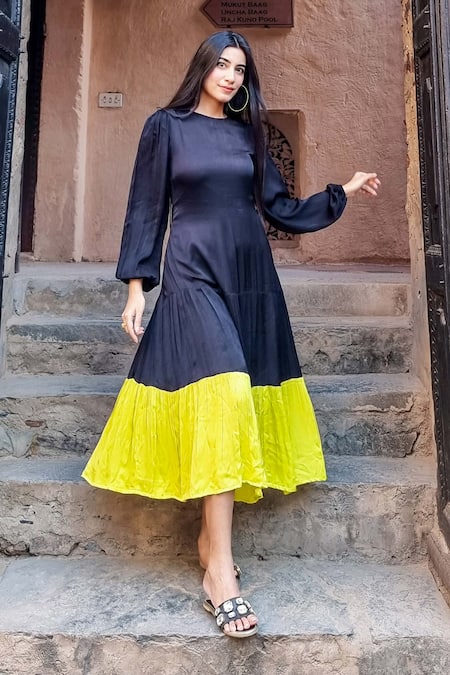 Buy_Neora By Nehal Chopra_Black Bamboo, Silk Round Neck Contrast Panel Dress _Online_at_Aza_Fashions