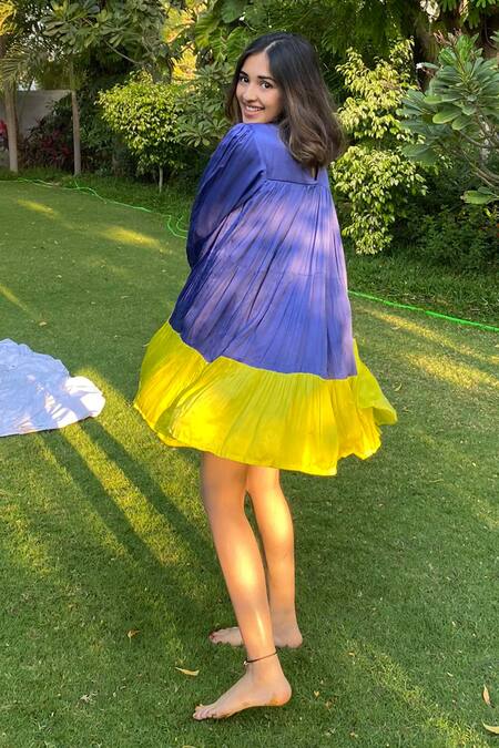 Buy Neora By Nehal Chopra Blue Fringe Round Neck Colorblock Gathered Dress Buy_Neora By Nehal Chopra_Blue Fringe Round Neck Colorblock Gathered Dress