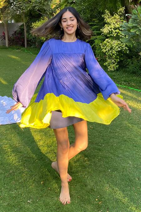 Shop Neora By Nehal Chopra Blue Fringe Round Neck Colorblock Gathered Dress Shop_Neora By Nehal Chopra_Blue Fringe Round Neck Colorblock Gathered Dress