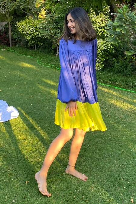 Buy Neora By Nehal Chopra Blue Fringe Round Neck Colorblock Gathered Dress Online at Aza Fashions Buy_Neora By Nehal Chopra_Blue Fringe Round Neck Colorblock Gathered Dress _Online_at_Aza_Fashions