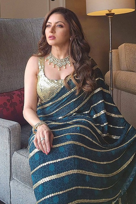 Shop Krisha Sunny Ramani Green Georgette Sequins Geometric Print And Embroidered Saree With Blouse Online at Aza Fashions Shop_Krisha Sunny Ramani_Green Georgette Sequins Geometric Print And Embroidered Saree With Blouse _Online_at_Aza_Fashions