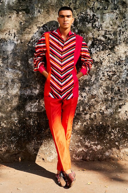 SVA by Sonam & Paras Modi Multi Color Linen Printed Stripe Shacket 