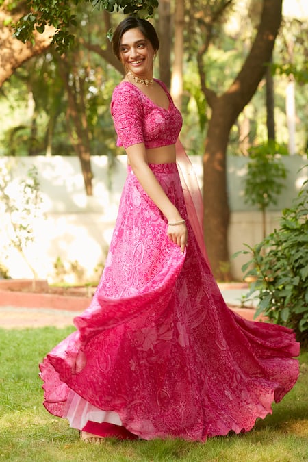Ankita Dharman_Pink Viscose Cut Work Abstract Floral Print Lehenga Set _Online_at_Aza_Fashions