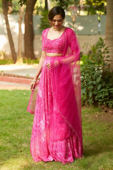 Buy_Ankita Dharman_Pink Viscose Cut Work Abstract Floral Print Lehenga Set _Online_at_Aza_Fashions