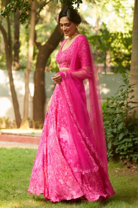Shop_Ankita Dharman_Pink Viscose Cut Work Abstract Floral Print Lehenga Set _Online_at_Aza_Fashions
