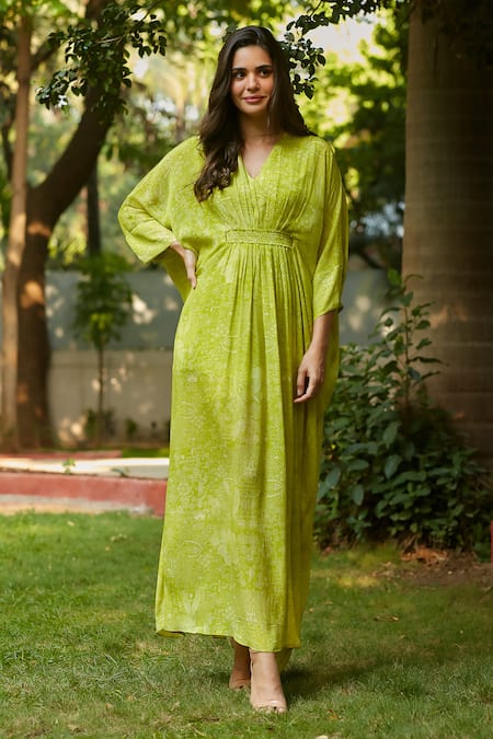 Ankita Dharman Green 100% Viscose Natural Crepe Printed Floral V Neck Spring Pleated Kaftan 