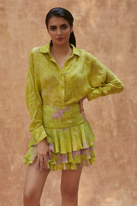 Ankita Dharman_Green Viscose Spring Printed Ruffle Skirt _Online_at_Aza_Fashions
