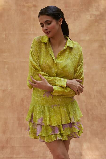 Buy_Ankita Dharman_Green Viscose Spring Printed Ruffle Skirt _Online_at_Aza_Fashions