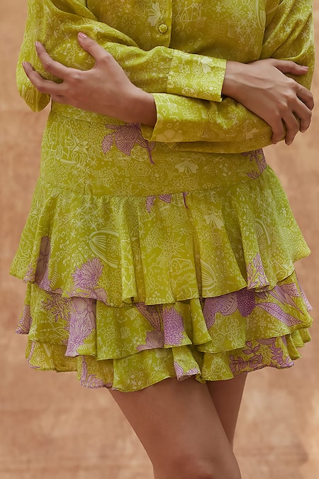 Shop_Ankita Dharman_Green Viscose Spring Printed Ruffle Skirt _Online_at_Aza_Fashions