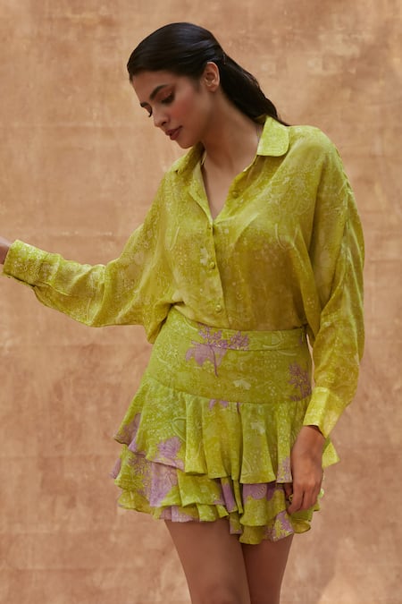 Ankita Dharman_Green Viscose Spring Printed Ruffle Skirt _at_Aza_Fashions